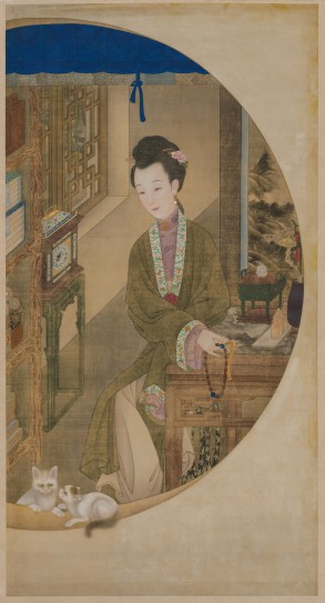 雍亲王题书堂深居图屏·捻珠观猫轴 | 清代/宫廷画师