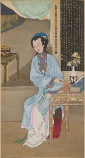 雍亲王题书堂深居图屏·持表对菊轴 | 清代/宫廷画师