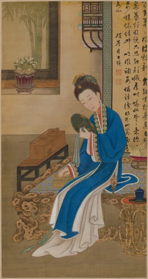 雍亲王题书堂深居图屏·裘装对镜轴 | 清代/宫廷画师