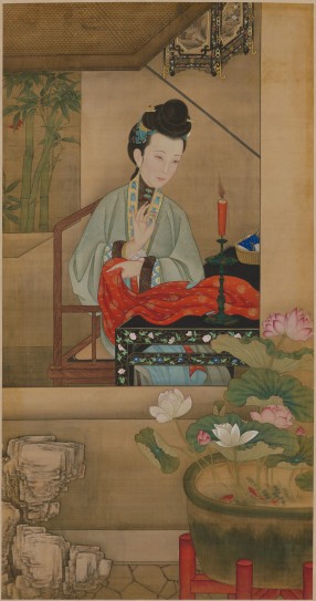雍亲王题书堂深居图屏·烛下缝衣轴 | 清代/宫廷画师